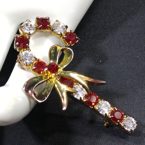 Eisenberg Ice Candy Cane Brooch, Red Clear Rhinestones, Vintage Jewelry - Picture 4 of 10